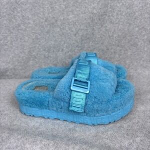 UGG Oh Fluffita Platform Slippers Women Sz 7 Blue Curly Sheepskin Sandal Logo